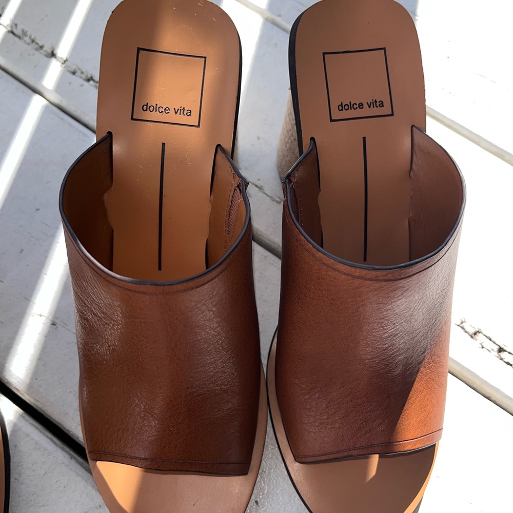 Luggage-colored leather mules with Espadrilles heels.
